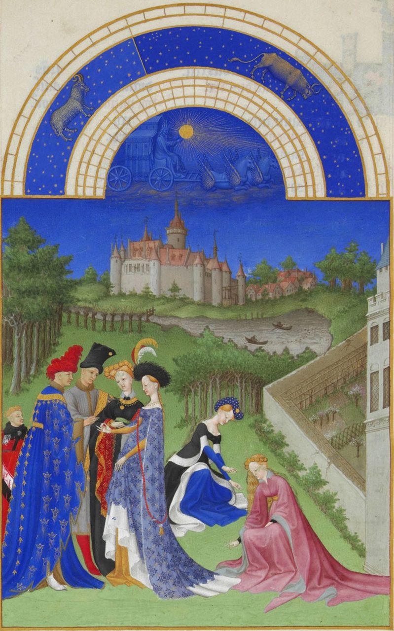 Limbourg Brothers (Dutch, 1385 – 1416). April, 1412-1416. Illumination on vellum; 29 × 21 cm (11 2/5 × 8 3/10 in). Chantilly: Musée Condé.